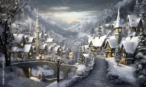  a painting of a snowy village with a bridge and mountains in the background.  generative ai © Olga