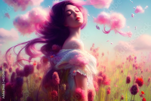 young girl sitting in a field of flowers. digital painting. 3 d illustration