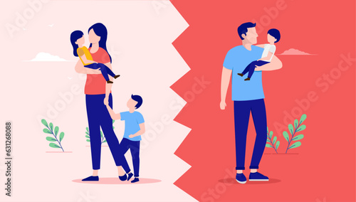 Divorced with children - Vector illustration of parents going trough difficult divorce with kids and having shared custody. Flat design