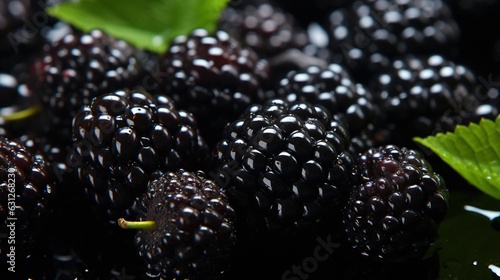  a close up of a bunch of blackberries with leaves.  generative ai