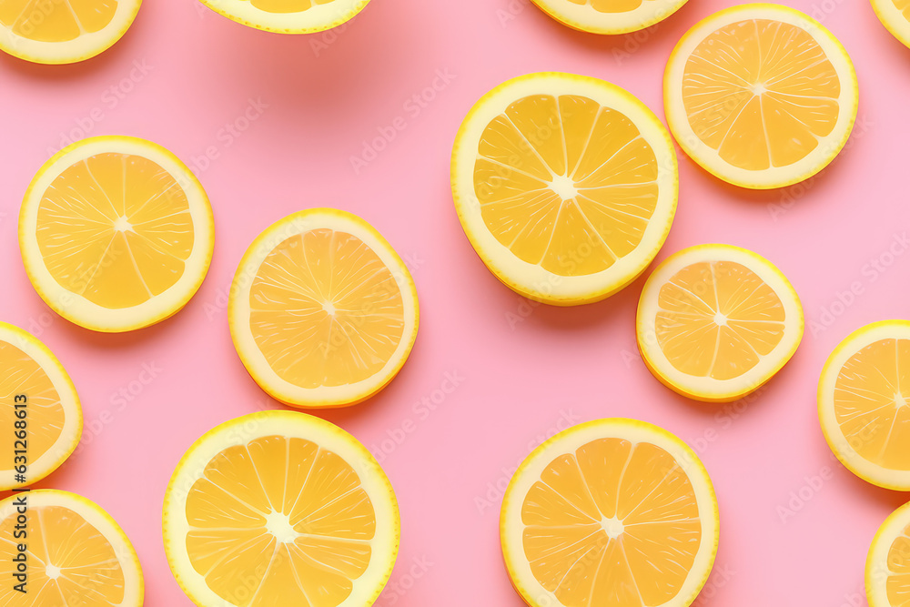 Lemons with slices on pink background seamless pattern, lemon tile ornament, citrus repeat texture for wrapping paper or textile print. 3d render cartoon illustration style.