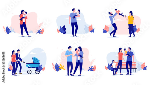 Parenting vector collection - Set of illustrations with parents taking care and playing with children, parenthood and child care concept, flat design on white background