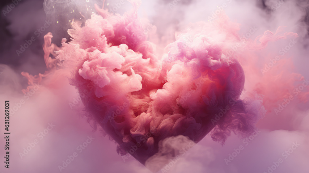 Pink fluffy love heart made from smoke and a lighter soft pink smoky background.