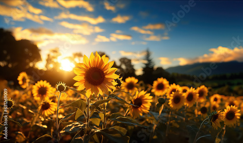 Beautiful sunset over big golden blossom sunflower field in the countryside