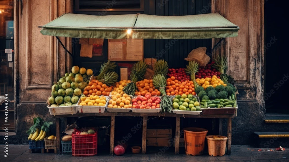 A market stall with fruits and vegetables, representing local commerce. AI generated
