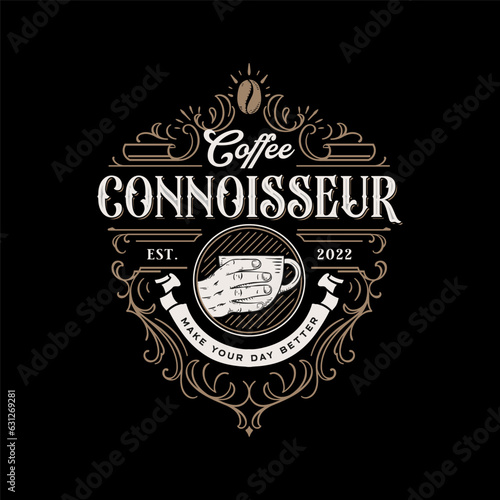 Coffee connoisseur vintage retro lettering with hand drawn ornament for poster, T-shirt print.