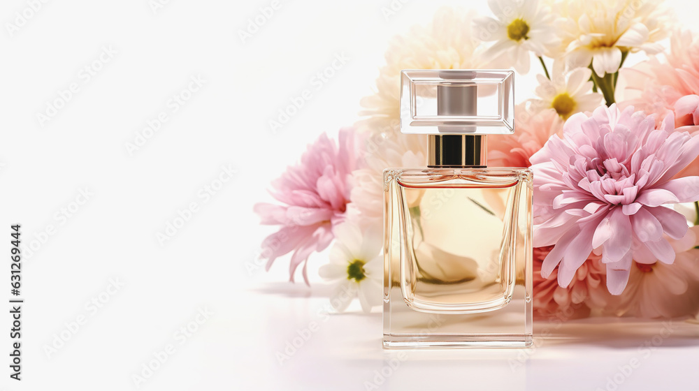 Empty perfume bottle mockup on light background with different flowers for cosmetic branding. Empty perfume bottle mockup on light background with different flowers for cosmetic branding.