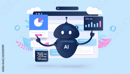 Ai worker - Artificial intelligence robot character working with financial software with charts and graphs. Semi flat design vector illustration with blue background