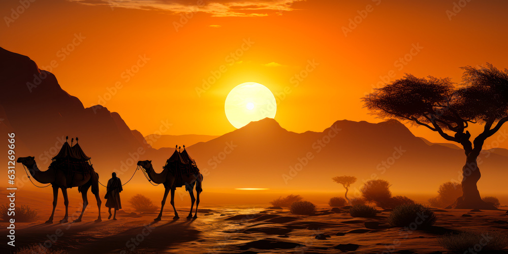 Sun-Kissed Camels: Tranquil Desert Landscape