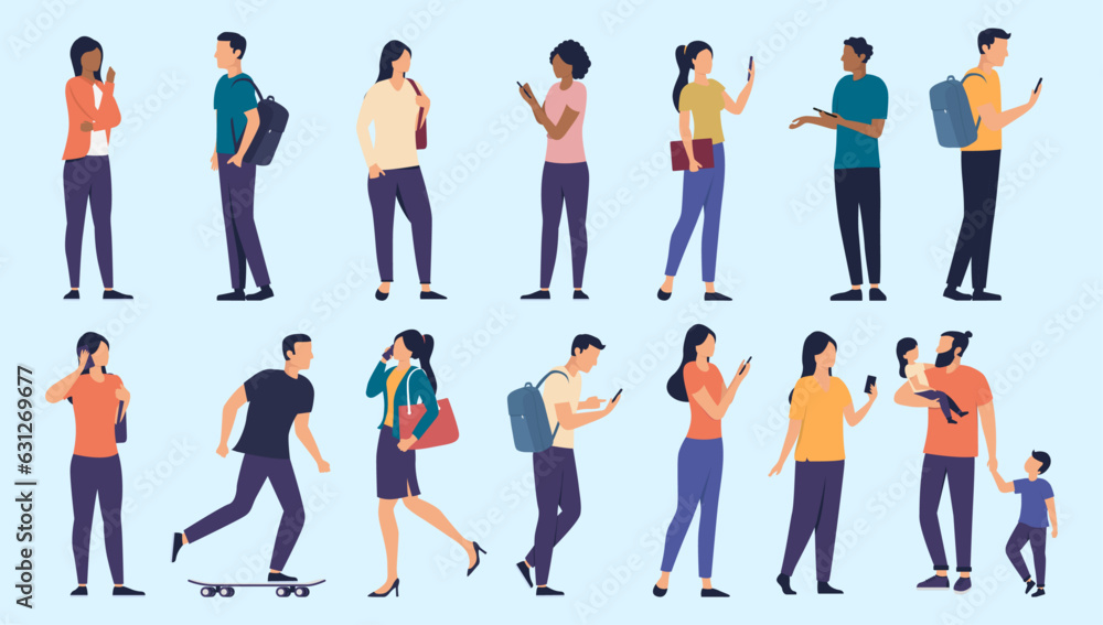 Regular people vector collection - Set of diverse casual characters standing doing various everyday activities. Flat design on blue background
