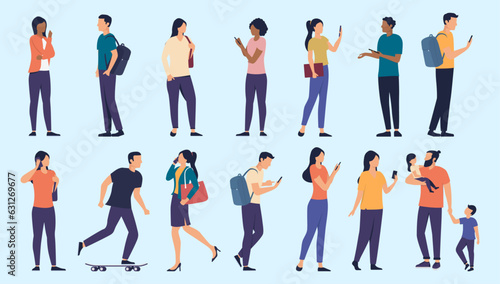 Regular people vector collection - Set of diverse casual characters standing doing various everyday activities. Flat design on blue background photo