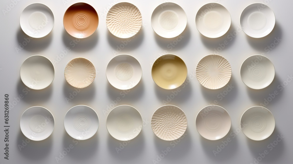 a group of white and brown plates sitting on top of a table. generative ai a group of white and brown plates sitting on top of a table. generative ai