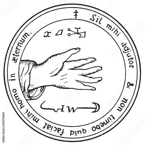 Talisman for changing the weather, attracting rain, hail, storms. In latin: Let me be a helper: i will not fear what man shall do to me for ever. Drawing from Practical Magic by Papus. Moscow. 