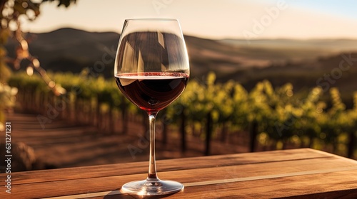  a glass of wine sitting on a wooden table in front of a vineyard. generative ai