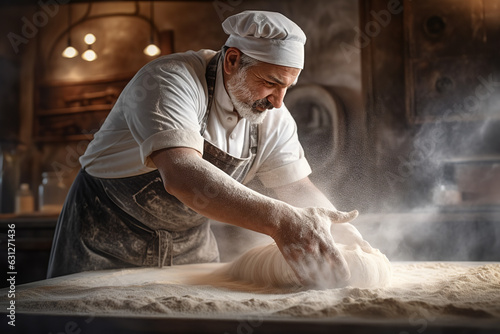 Foto A diligent baker sprinkling flour on dough in a bakery, underscoring the process