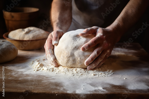 Close-up of a professional baker's hands meticulously preparing artisanal sourdough bread, showcasing the artistry behind traditional baking photo