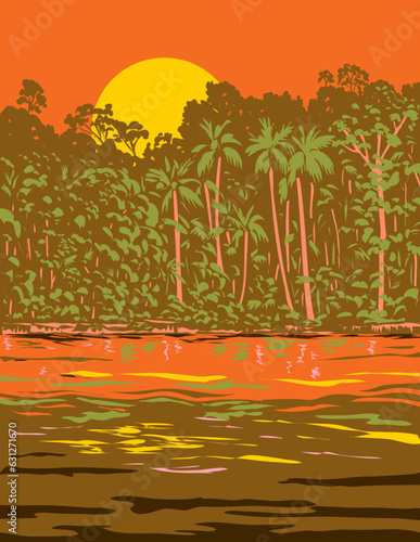 WPA poster art of the Amazon River or Rio Amazonas in Brazil, South America done in works project administration or Art Deco style. photo