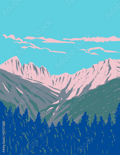WPA poster art of Mount Olympus in Olympos National Woodland Park located in the Olympus Range, Greece done in works project administration or Art Deco style.
