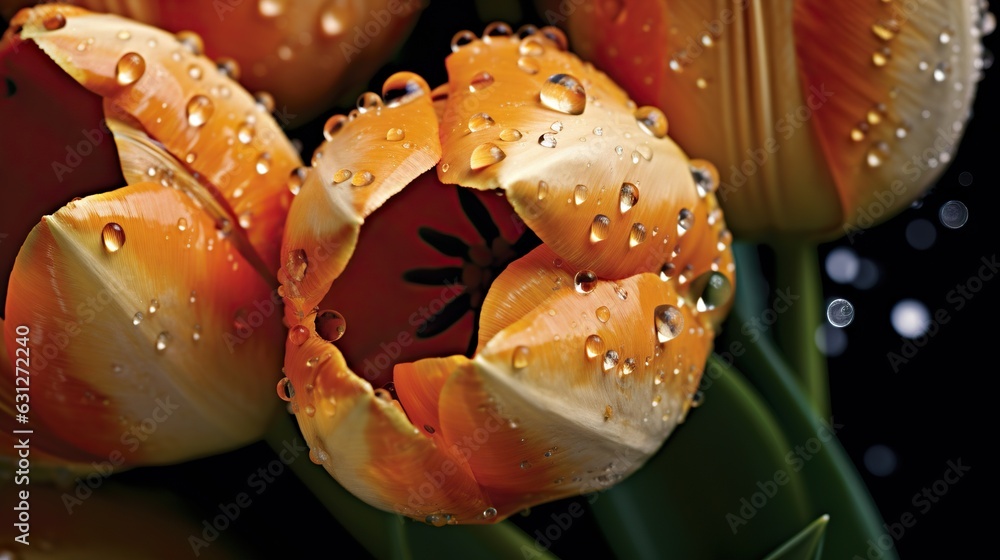 Orange Tulips flowers with water drops background. Closeup of blossom with glistening droplets. Generative AI