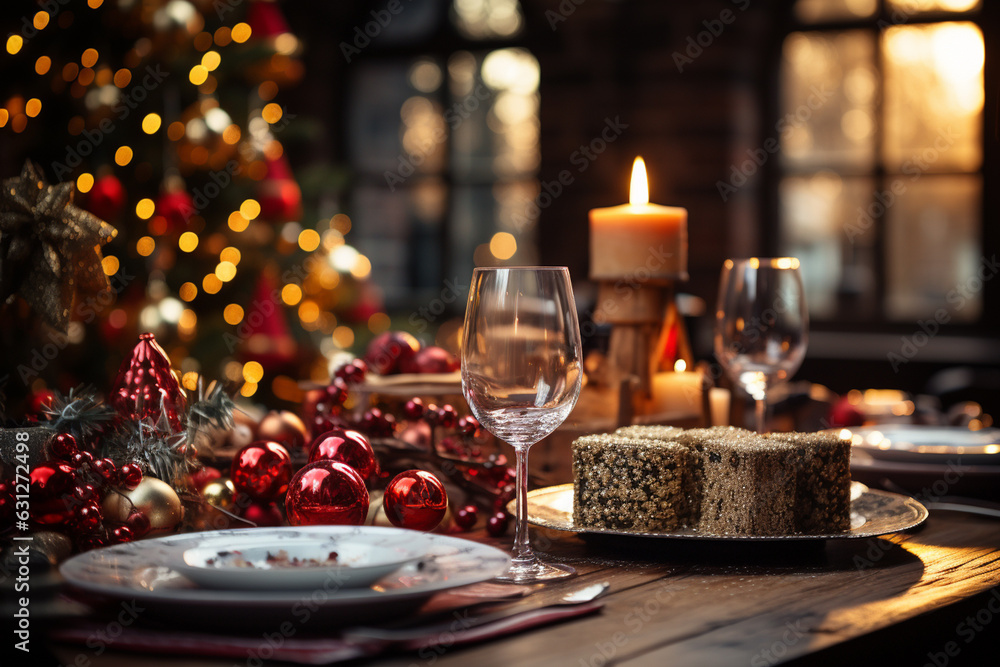 Christmas dinner table with Christmas tree on backgorund