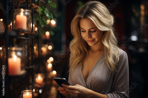 beautiful woman smiling and holding a smartphone in her hand  having a romantic texting