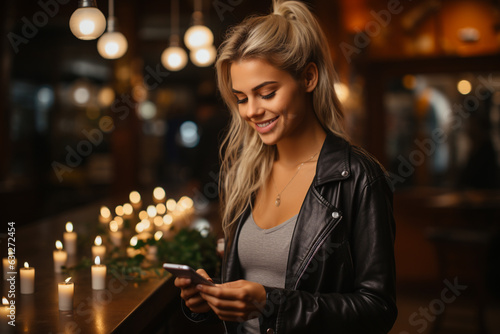 beautiful woman smiling and holding a smartphone in her hand, having a romantic texting