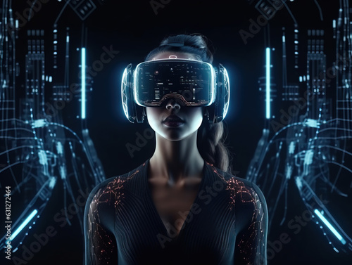 woman dark - skinned wearing VR glasses virtual global world internet connection and a new experience in the future metaverse. Metaverse technology concept: innovation of the futuristic.