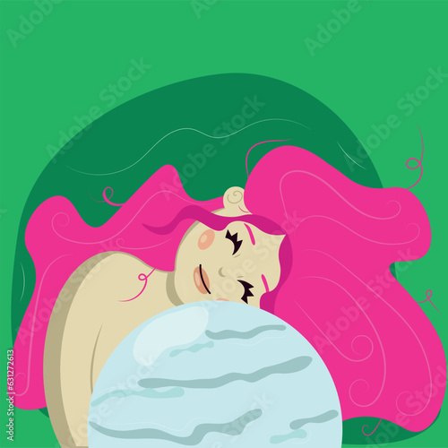 Cartoon cute girl pink hair holds planet Uranus   showing care and love light green background.  Earth day concept. Save the planet  the environment.