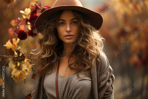 Portrait of beautiful young woman in stylish hat with roses in garden
