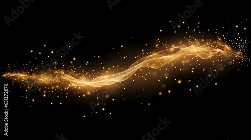 Abstract shiny luxury gold light wave design element with glitter effect on dark background. Generative AI
