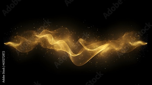 Abstract shiny luxury gold light wave design element with glitter effect on dark background. Generative AI
 photo