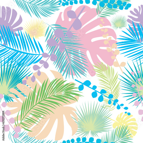 seamless pattern with multicolored tropical leaves with a wite background. vector graphics.