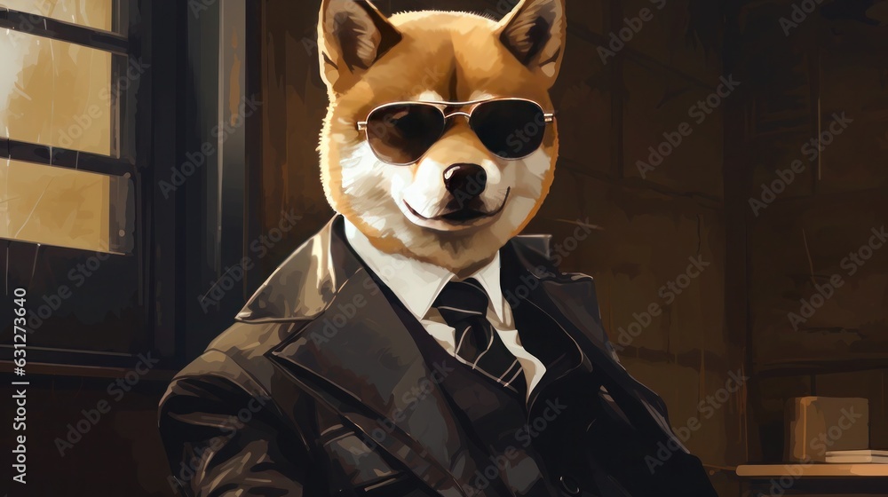 Shiba Inu dog in a police suit and outfit illustration,Shiba Inu funny dog puppy,Shiba Inu are attractive and charming,Pet are funny dog or puppy,pet funny animals generative ai