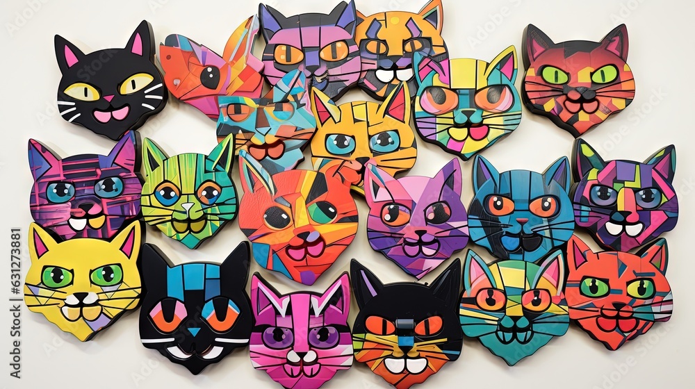  a bunch of colorful cats are on a white wall with a white background.  generative ai