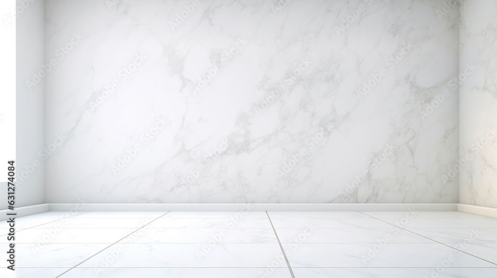 White wall empty apartment room with marble floor and walls. Copy space for product placement. Generative AI White wall empty apartment room with marble floor and walls. Copy space for product placement. Generative AI
