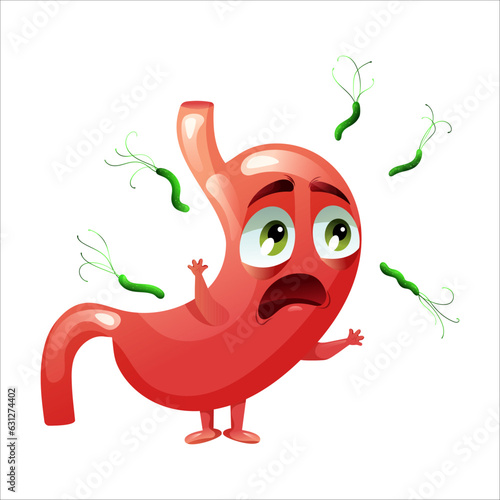 Cartoon character stomach with emotion fear. Concept sick internal organ abdominal cavity, helicobacter pylori. Vector illustration.