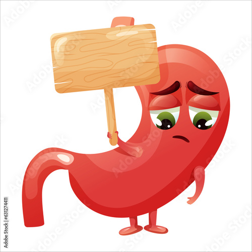 Cartoon sad stomach character with wooden sign in hands for text. Concept sick internal organ abdominal cavity. Vector illustration.