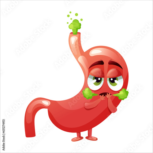 Cartoon stomach character. Concept diseased internal organ, heartburn and belching. Vector illustration.