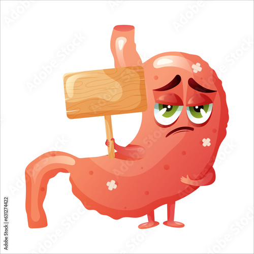 Cartoon sad stomach character with wooden sign in hands for text. Concept sick internal organ abdominal cavity. Vector illustration.