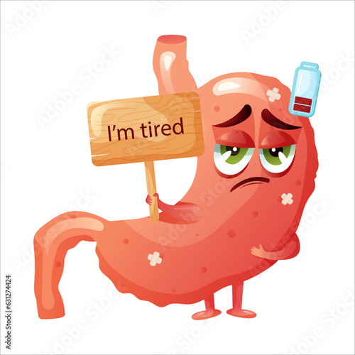 Cartoon sad stomach character with wooden sign in hands. Concept sick internal organ abdominal cavity. Vector illustration.