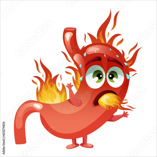 Cartoon stomach character. Concept diseased internal organ abdominal cavity, heartburn. Vector illustration.