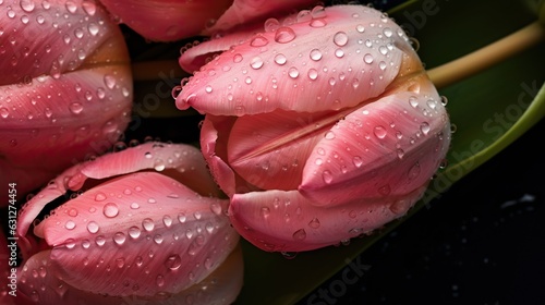 Pink Tulips flowers with water drops background. Closeup of blossom with glistening droplets. Generative AI