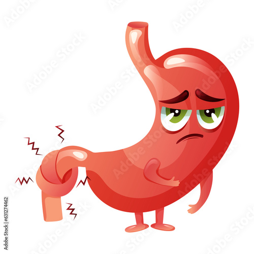Cartoon stomach character with emotion sadness and pain. Concept diseased internal organ, obstruction, bloating and constipation. Vector illustration.