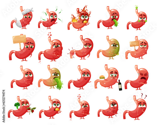 Cute cartoon stomach character with different emotions. Smiling, sad, vomiting, nausea, gerd, helicobacter, nausea. Internal organ of the abdominal cavity. Vector illustration.