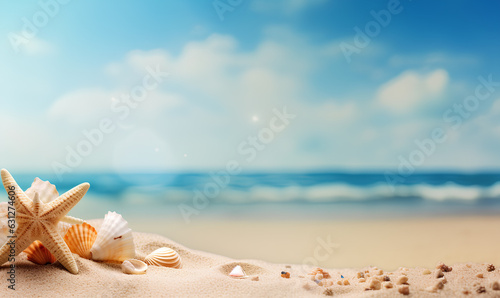 Shells and stars on sand beach  Seascape with blue sky ocean  background for product presentation  Generative AI