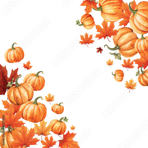 White and yellow pumpkins, orange leaves on white background. Autumn festival invitation. Border from autumn leaves and pumpkins. Postcard or banner. 3d realistic vector illustration.