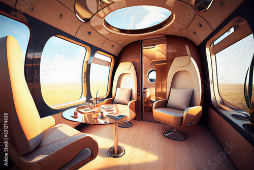 Leather interior of luxury private helicopter cabin. Abstract illustration generated by artificial intelligence.