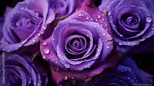 Purple Roses flowers with water drops background. Closeup of blossom with glistening droplets. Generative AI