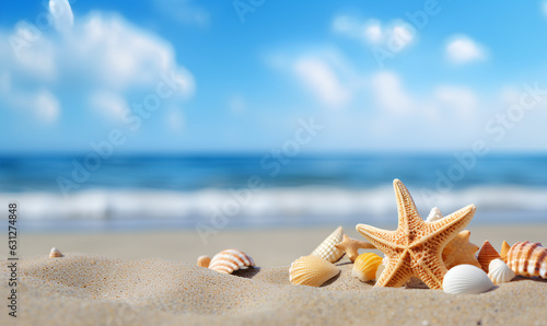 Shells and stars on sand beach, Seascape with blue sky ocean, background for product presentation, Generative AI