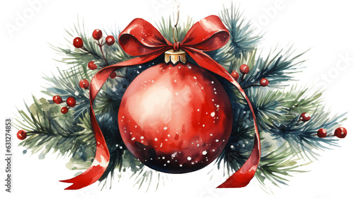 single red christmas ball in watercolor clipart design isolated against transparent background